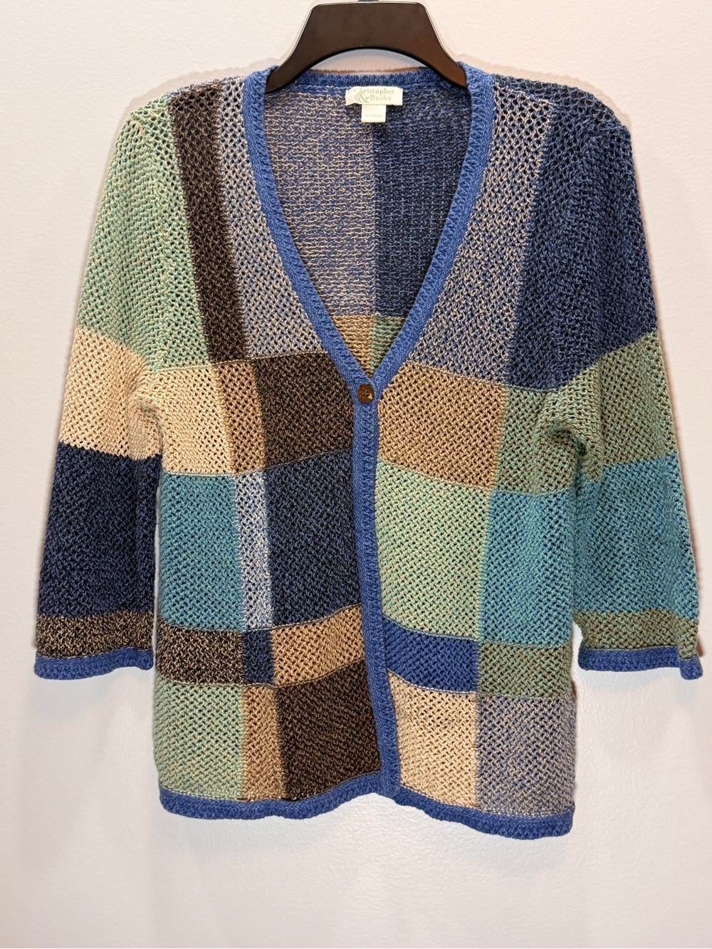 Christopher & Banks Blue, Green, Tan Patchwork Open-Knit Cardigan
